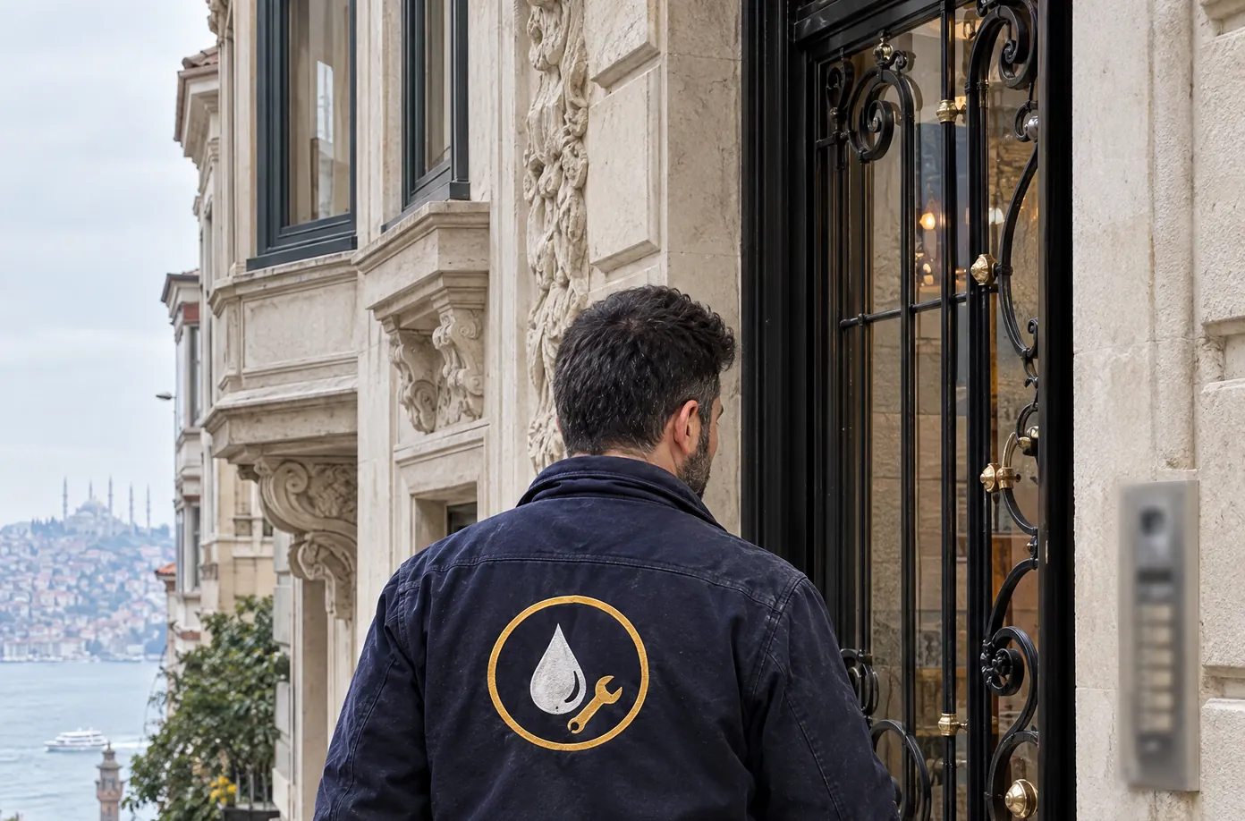 Sırtında alet çantası olan bir usta, eski bir apartmanın kapısında