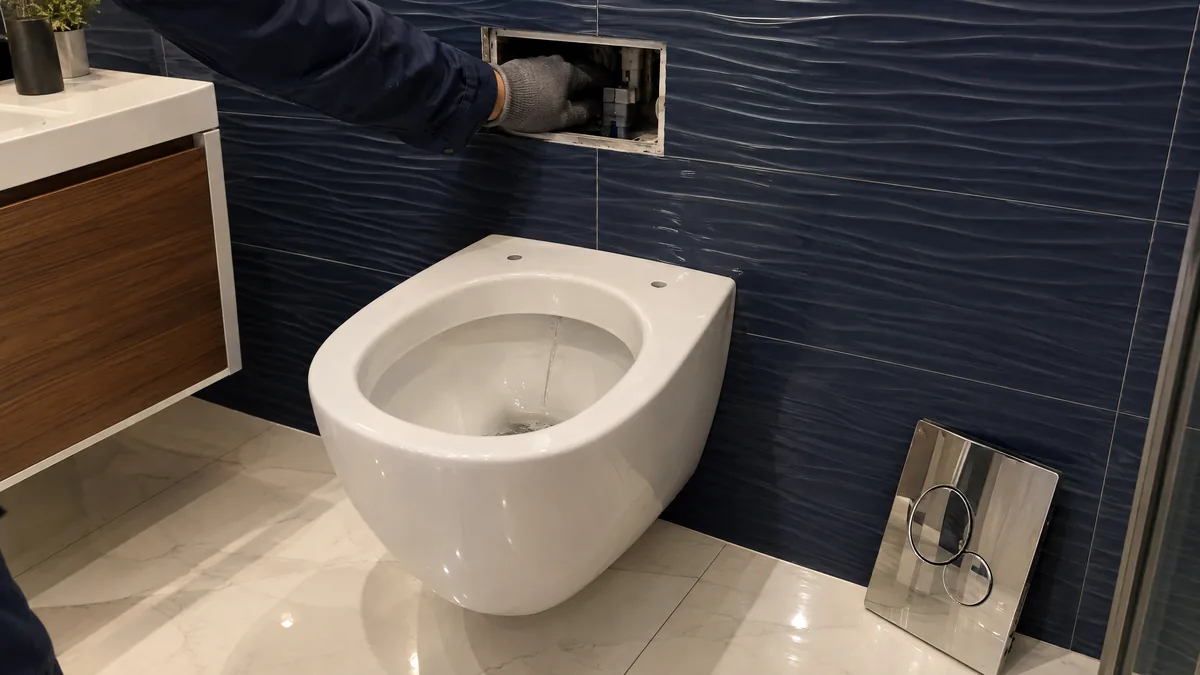 Krom paneli sökülmüş gömme rezervuarlı asma klozete ince su akıyor, lacivert dalgalı fayans