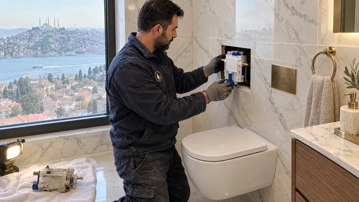 Mermer duvardaki servis açıklığından yeni iç takım yerleştiriliyor