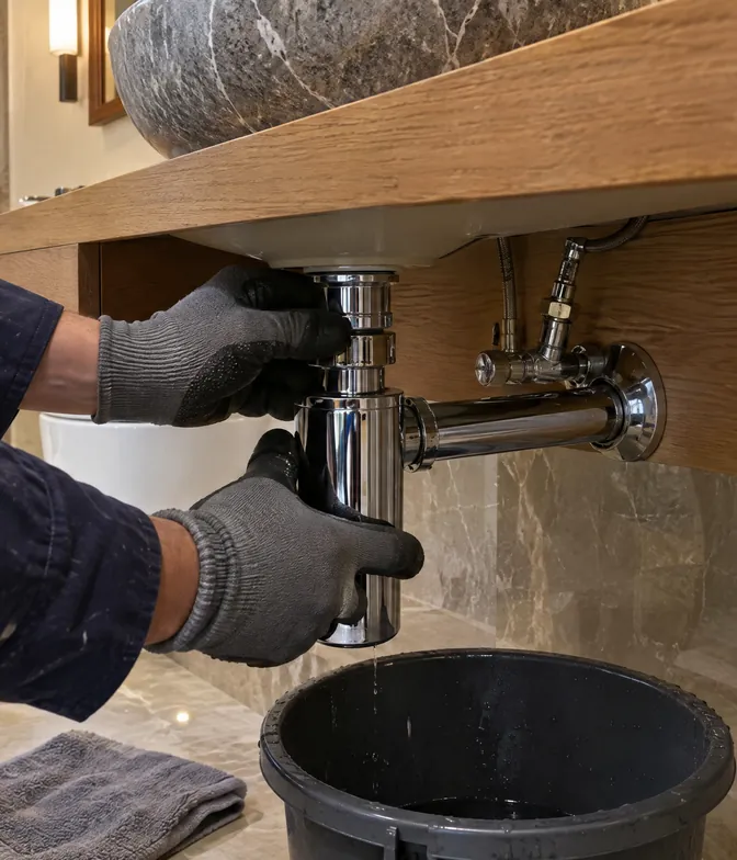 Ahşap dolabın altında krom lavabo sifonu sökülüyor, altta kova